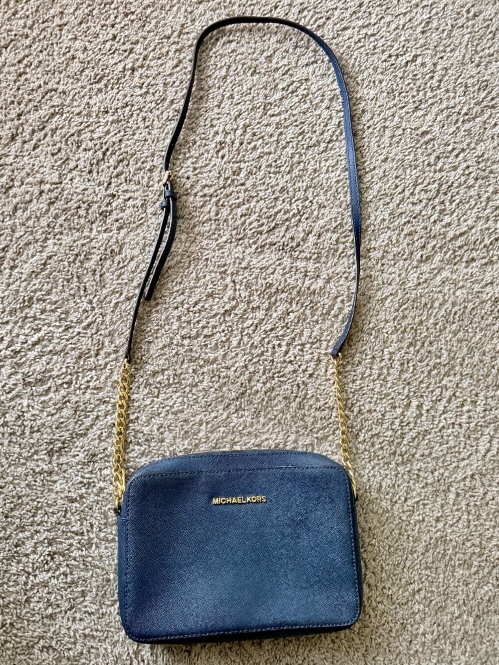 Michael Kors Navy Leather Crossbody with Gold Chain Accent
